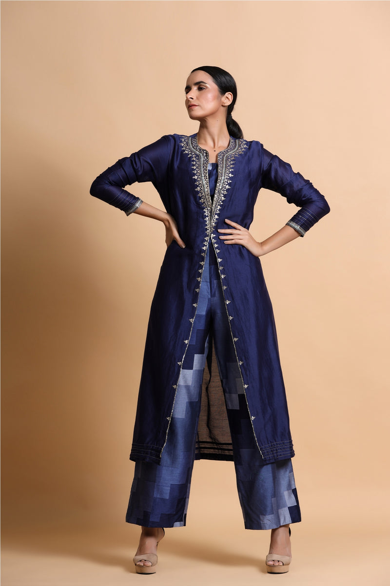 Navy blue chanderi  jacket with abstract crop top and culottes