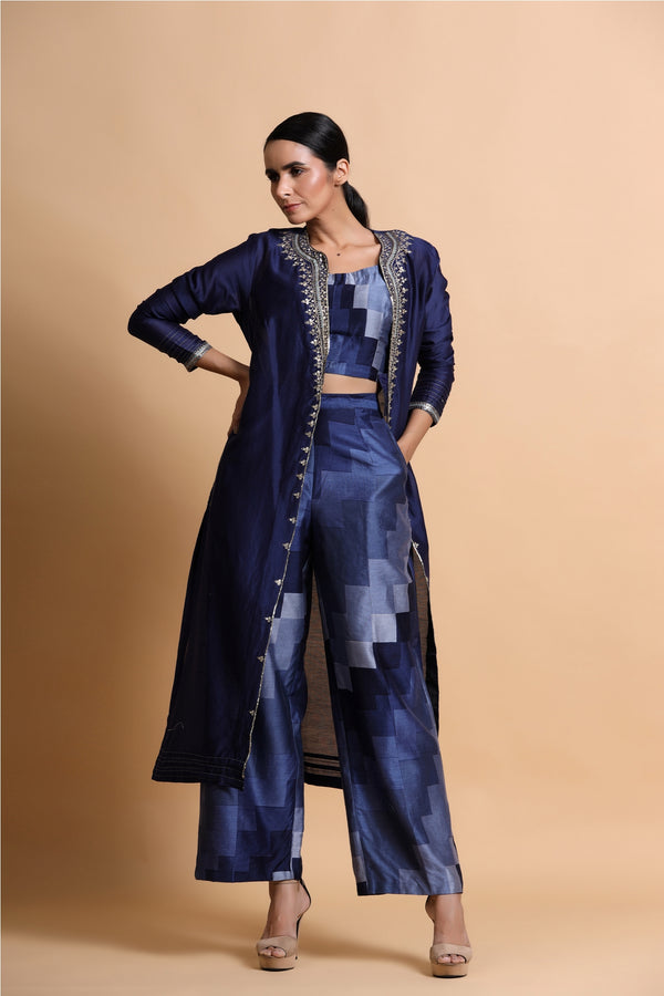 Navy blue chanderi  jacket with abstract crop top and culottes