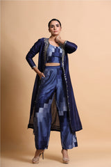 Navy blue chanderi  jacket with abstract crop top and culottes