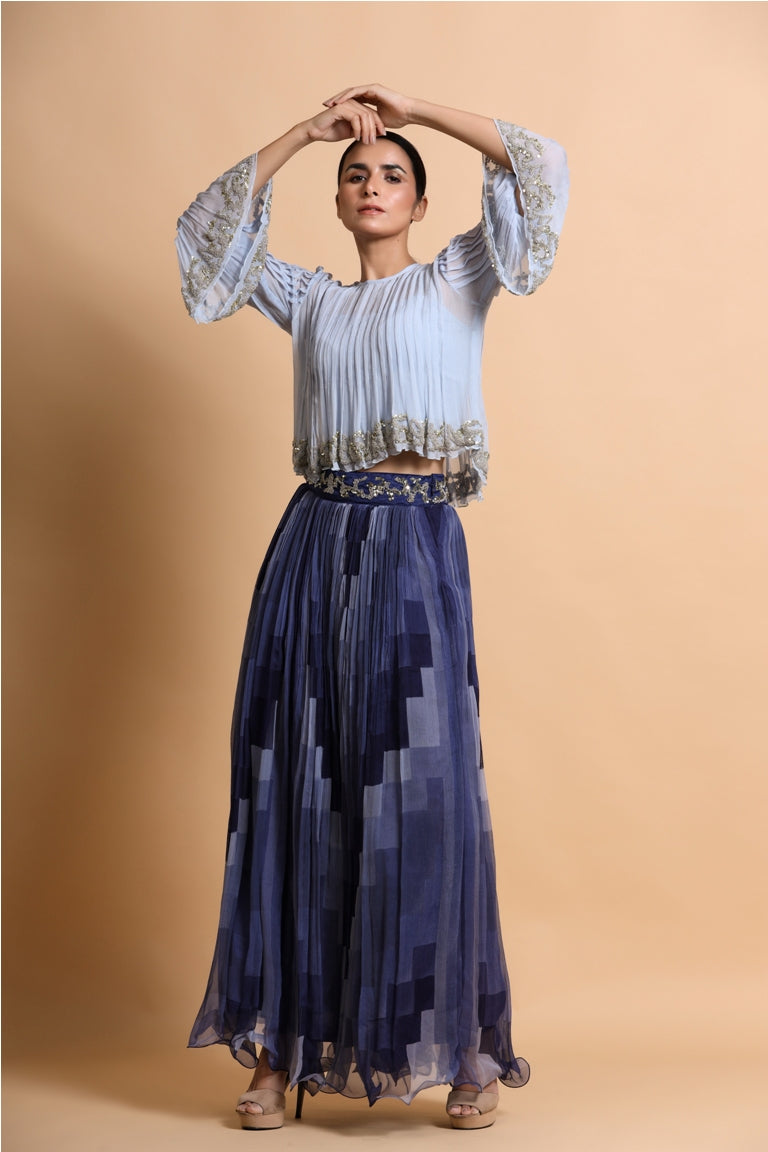 Powder blue boho Top with blue skirt