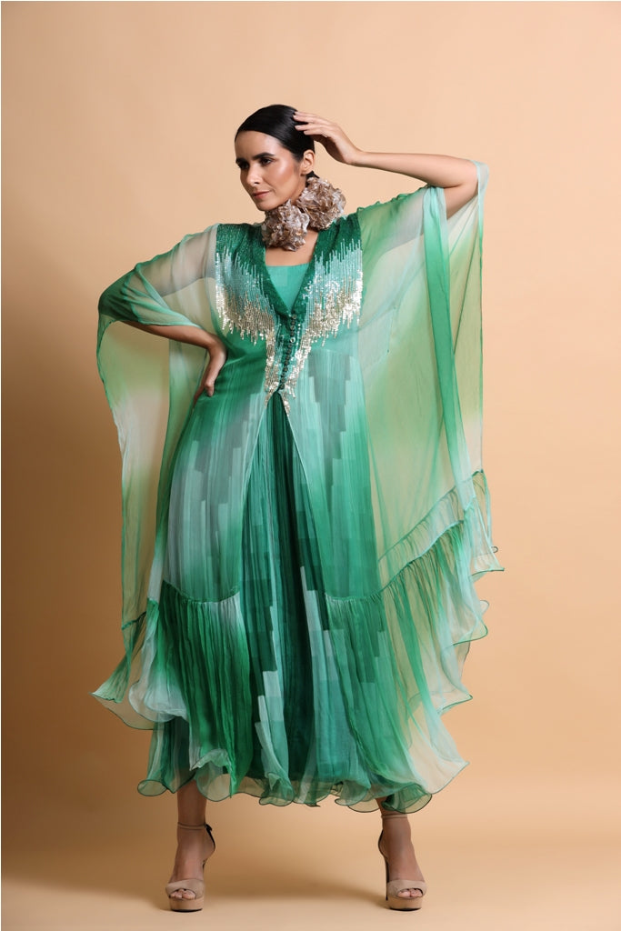 Green abstract long dress with leheriya embroidery cape