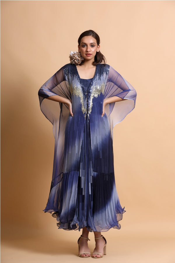 Blue abstract long dress with leheriya embroidery cape