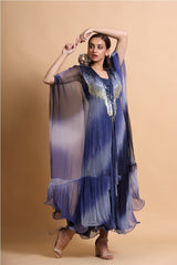 Blue abstract long dress with leheriya embroidery cape