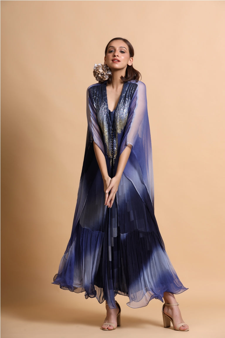 Blue abstract long dress with leheriya embroidery cape