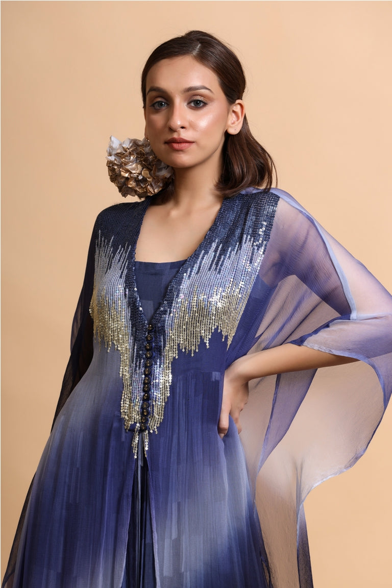 Blue abstract long dress with leheriya embroidery cape