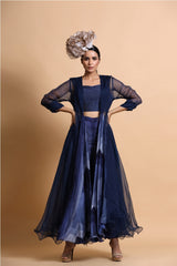 Blue Printed Cape with Pants and Crop top