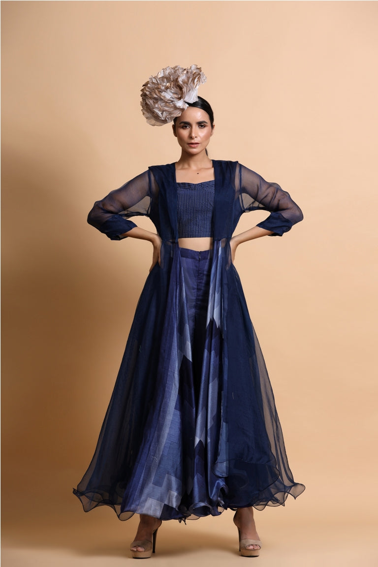 Blue Printed Cape with Pants and Crop top