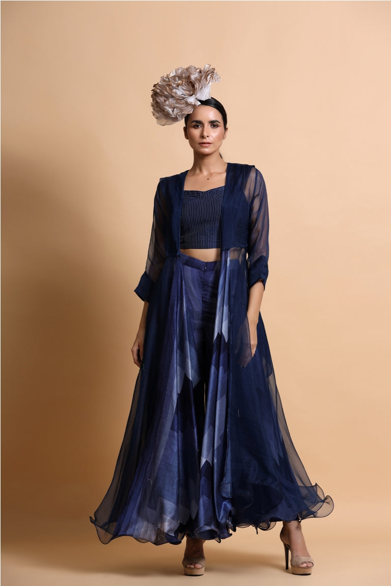 Blue Printed Cape with Pants and Crop top