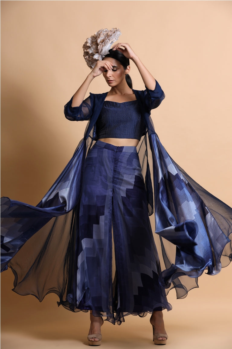 Blue Printed Cape with Pants and Crop top