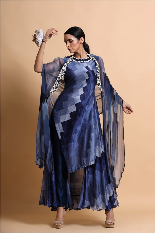 Blue Asymmetric Tunic with cape and pants