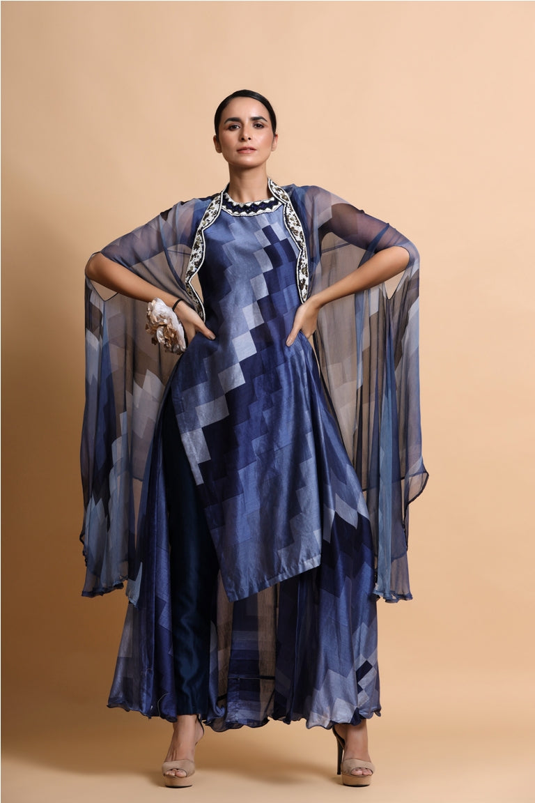 Blue Asymmetric Tunic with cape and pants
