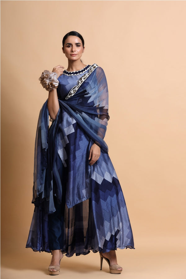 Blue Asymmetric Tunic with cape and pants