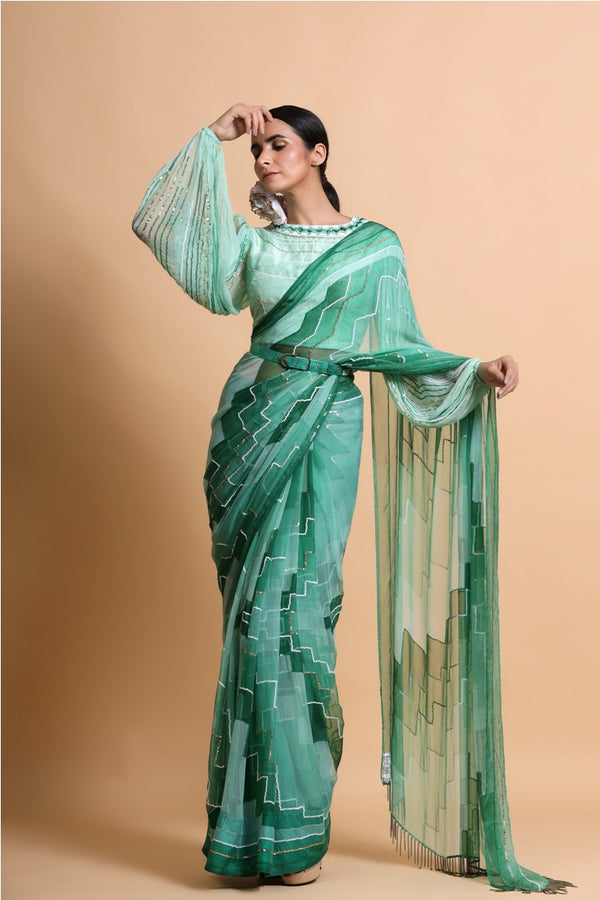 Green Embroidered Chiffon Saree with balloon sleeve blouse