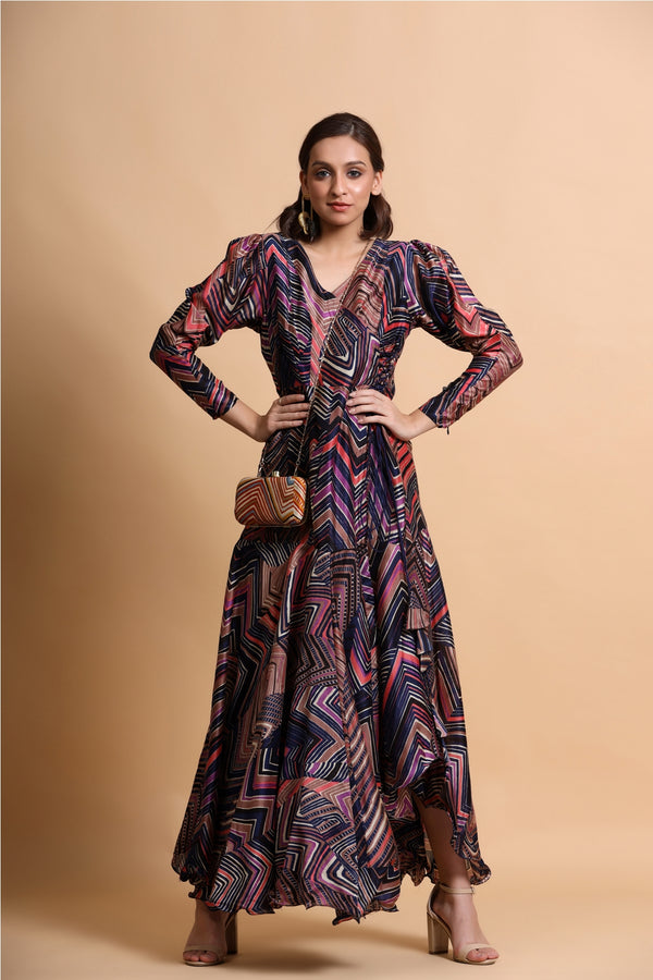 Navy leheriya angarakha style wrap dress