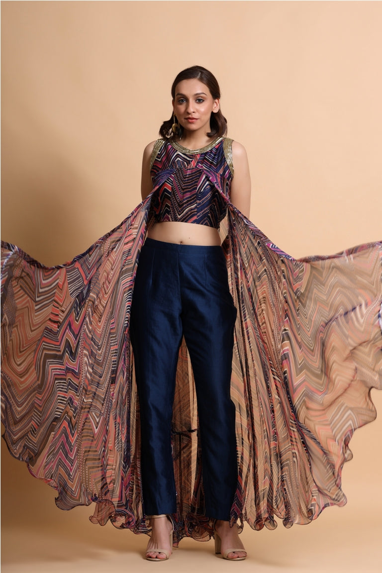 Navy leheriya embroidered back flare crop top and culottes set