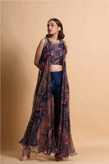 Navy leheriya embroidered back flare crop top and culottes set