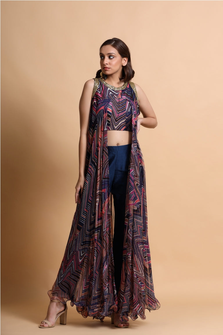 Navy leheriya embroidered back flare crop top and culottes set