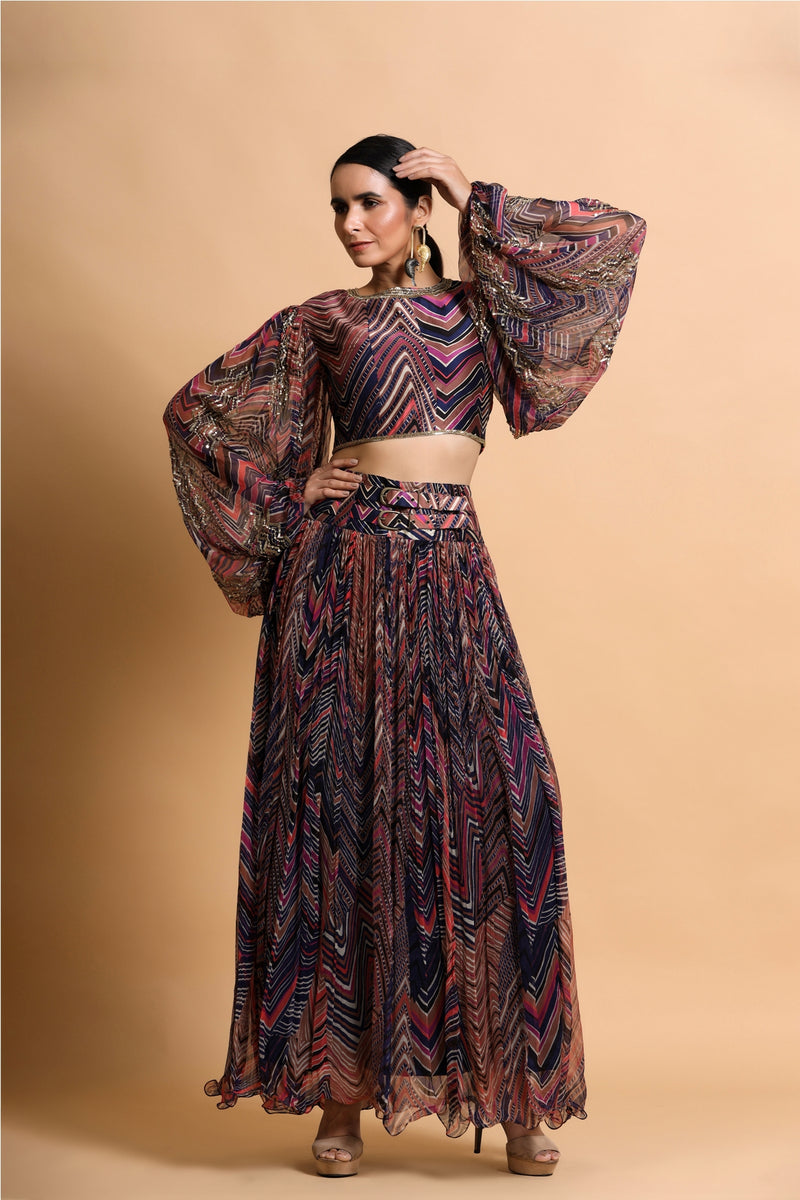 Mustard leheriya balloon sleeve crop top and skirt set