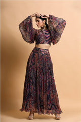 Navy leheriya balloon sleeve crop top and skirt set