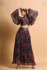 Mustard leheriya balloon sleeve crop top and skirt set