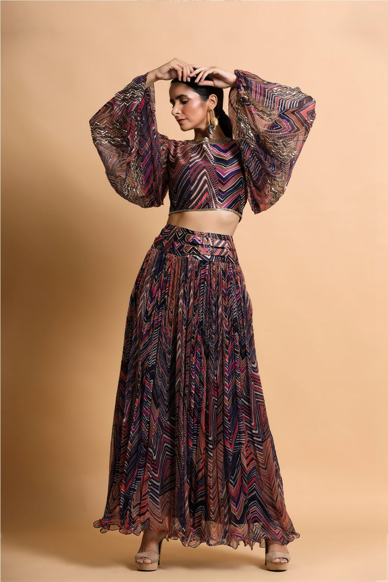 Mustard leheriya balloon sleeve crop top and skirt set