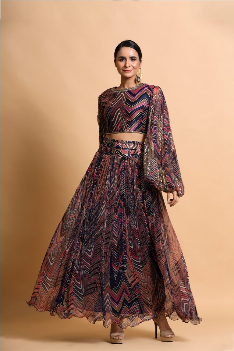 Navy leheriya balloon sleeve crop top and skirt set
