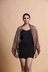 Brown cubics printed balloon sleeve cape