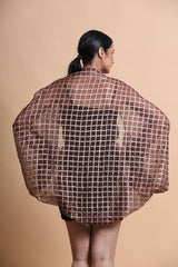 Brown cubics printed balloon sleeve cape