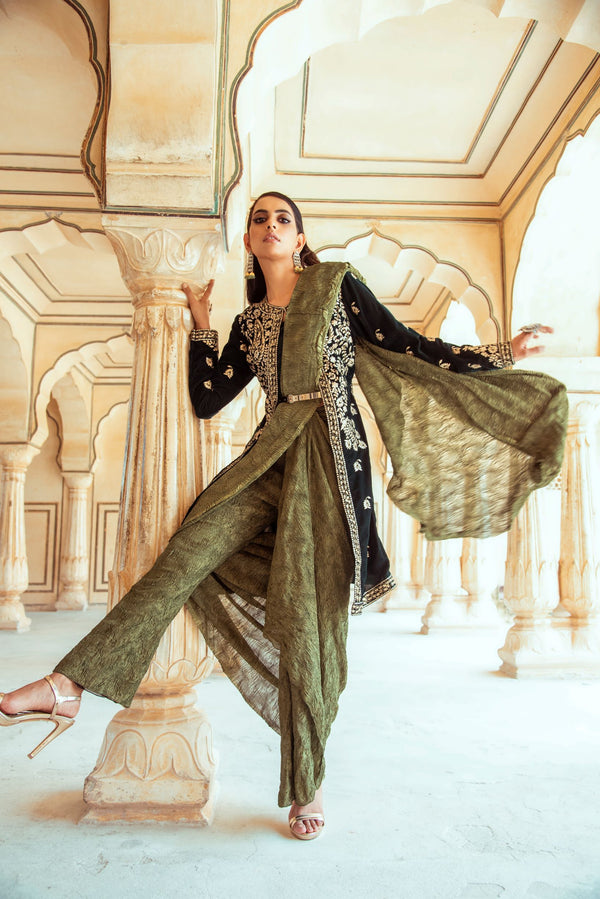 Dark Green Velvet Jacket and Saree Pant Set-Indian wear-Pallavi Jaipur