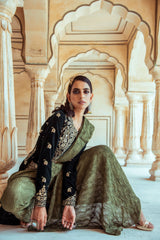 Dark Green Velvet Jacket and Saree Pant Set-Indian wear-Pallavi Jaipur