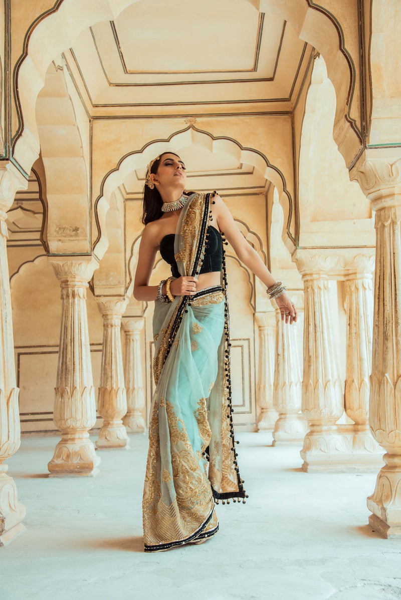 Jade Green Organza Saree-Indian wear-Pallavi Jaipur