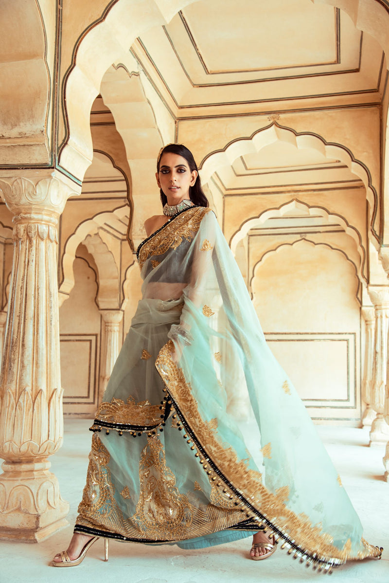 Jade Green Organza Saree-Indian wear-Pallavi Jaipur