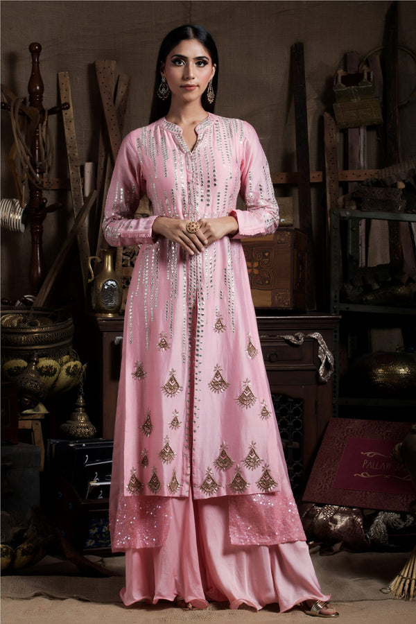 Pink Layered Kurta Palazzo Set-Indian wear-Pallavi Jaipur