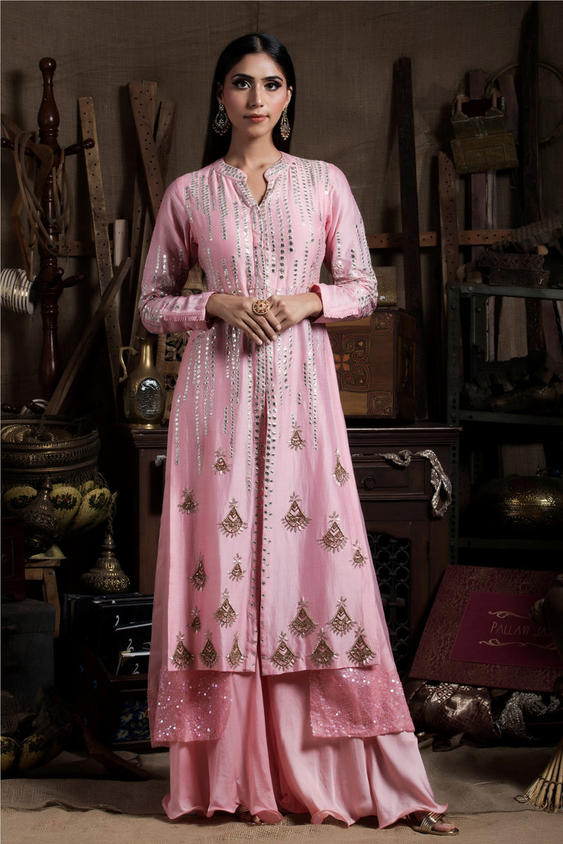 Pink Layered Kurta Palazzo Set-Indian wear-Pallavi Jaipur
