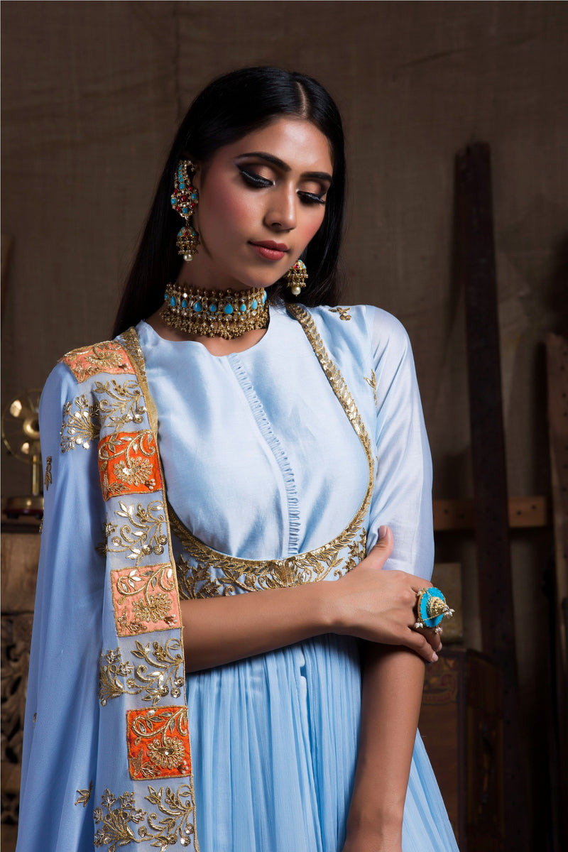 Sky Blue Kurta Set with Jacket-Indian wear-Pallavi Jaipur