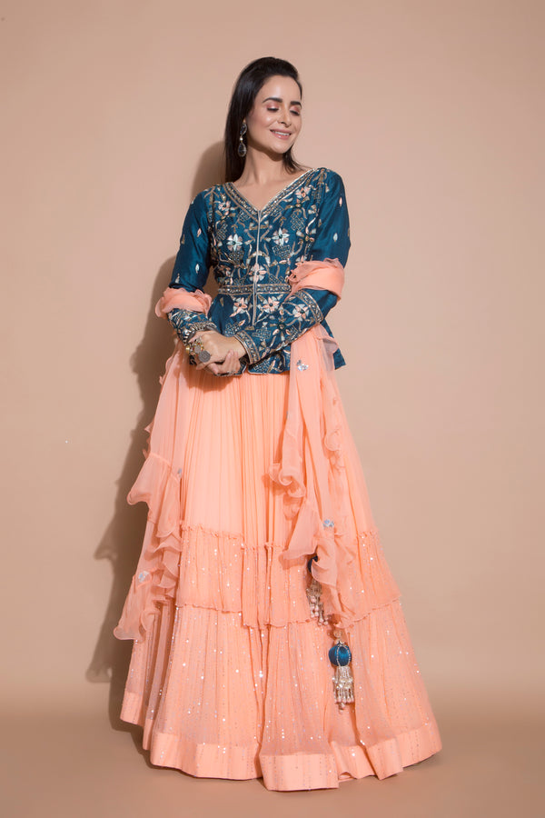 Peach Lehenga and Peplum Jacket Set-Indian wear-Pallavi Jaipur