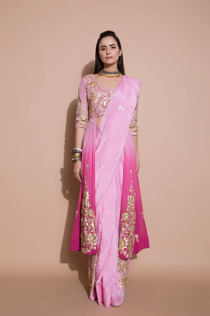 Anarkali Blouse and Pre-pleated Embroidered Saree-Indian wear-Pallavi Jaipur