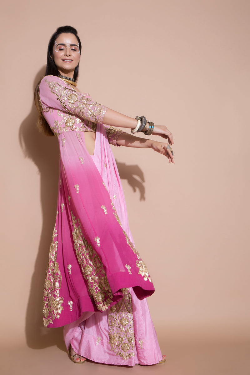 Anarkali Blouse and Pre-pleated Embroidered Saree-Indian wear-Pallavi Jaipur