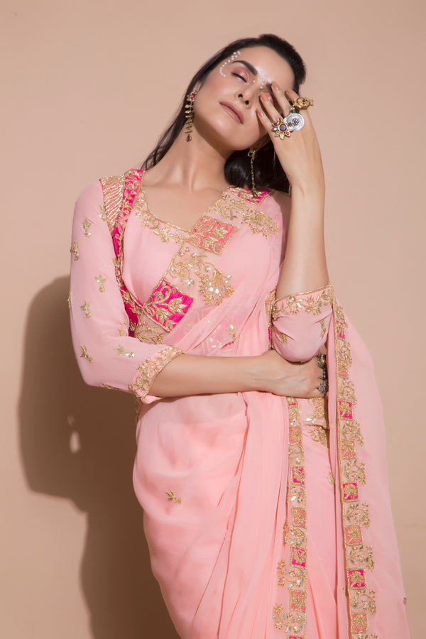 Pink Embroidered Saree with 2 Piece Blouse-Indian wear-Pallavi Jaipur
