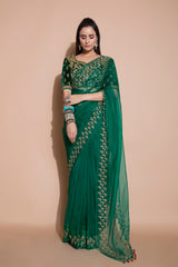 Emerald Green Embroidered Saree-Indian wear-Pallavi Jaipur