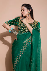 Emerald Green Embroidered Saree-Indian wear-Pallavi Jaipur