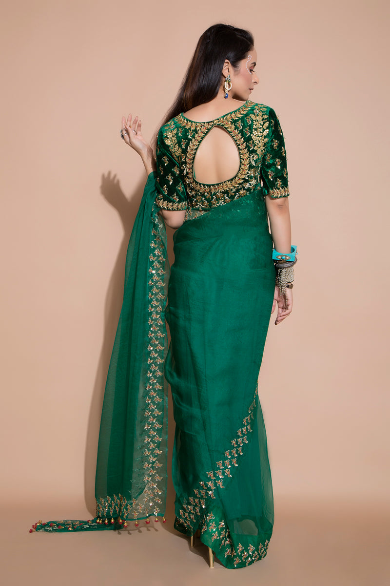 Emerald Green Embroidered Saree-Indian wear-Pallavi Jaipur