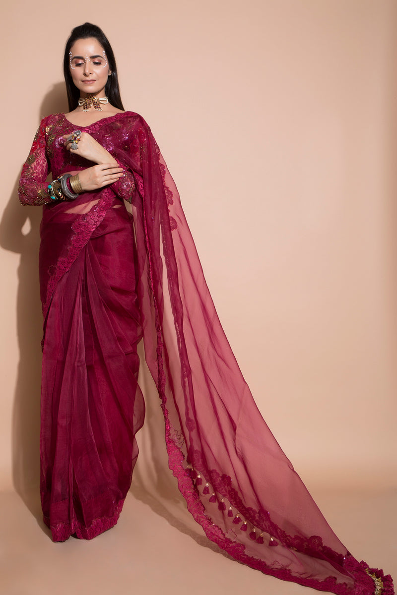 Beetroot Organza Saree with Blouse-Indian wear-Pallavi Jaipur