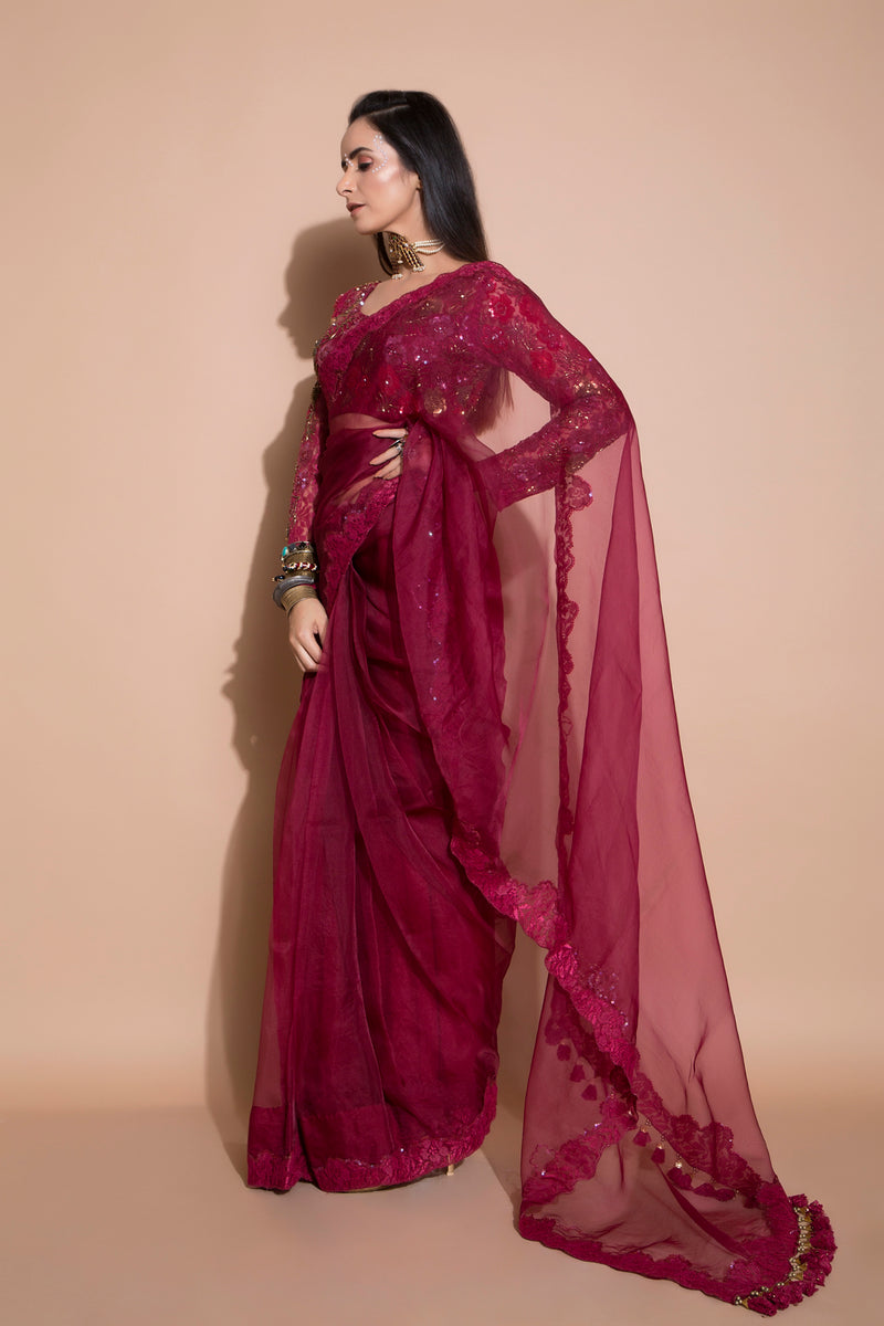 Beetroot Organza Saree with Blouse-Indian wear-Pallavi Jaipur