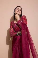 Beetroot Organza Saree with Blouse-Indian wear-Pallavi Jaipur