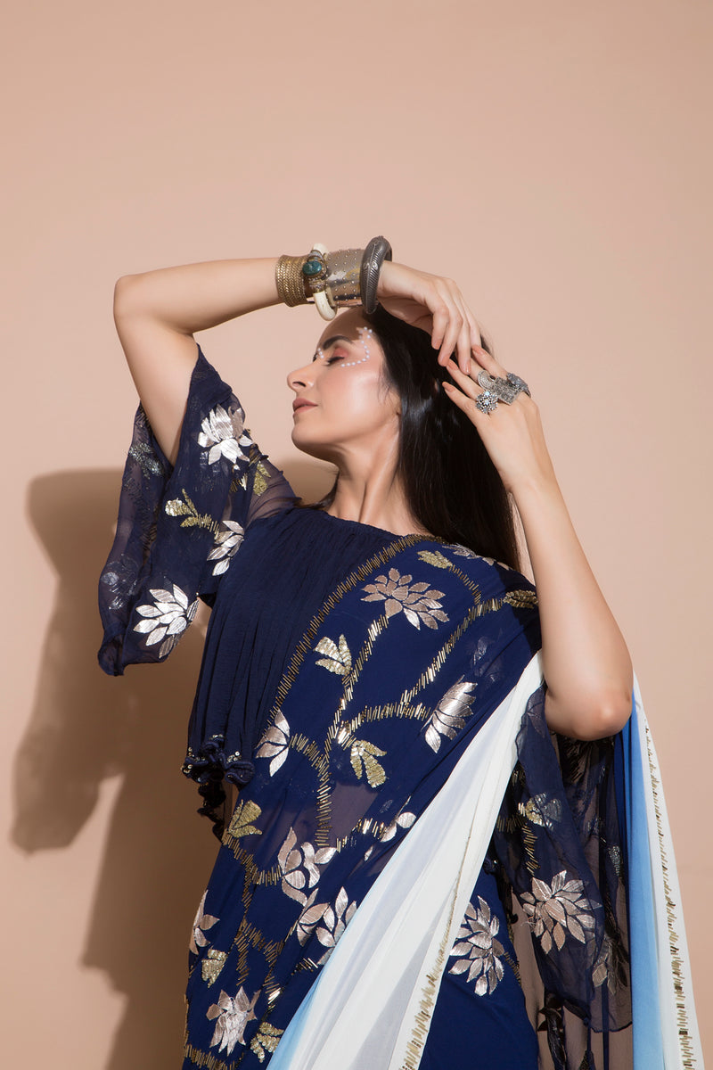 Embroidered Saree with Boho Kimono Sleeve Blouse-Indian wear-Pallavi Jaipur