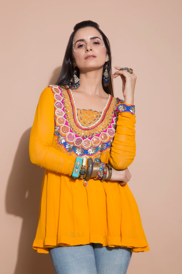 Embroidered Tangerine Tunic-Indo Western-Pallavi Jaipur