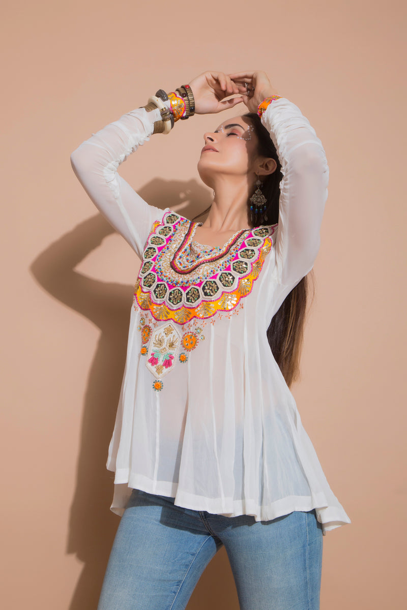 Embroidered Ivory Tunic-Indo Western-Pallavi Jaipur