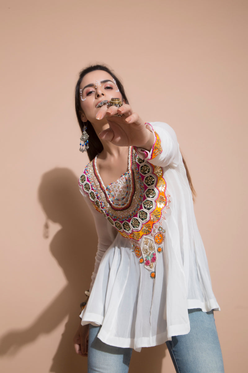 Embroidered Ivory Tunic-Indo Western-Pallavi Jaipur