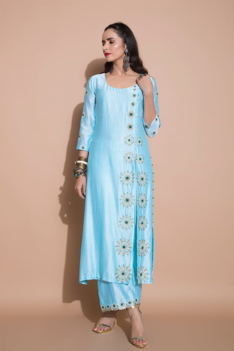 Turquoise Side Slit Kurta Set-Indian wear-Pallavi Jaipur